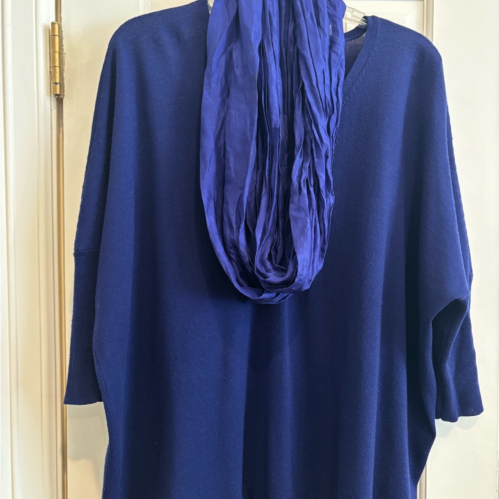 Eileen Fisher Deep Blue Oversized Knit Top with Scarf